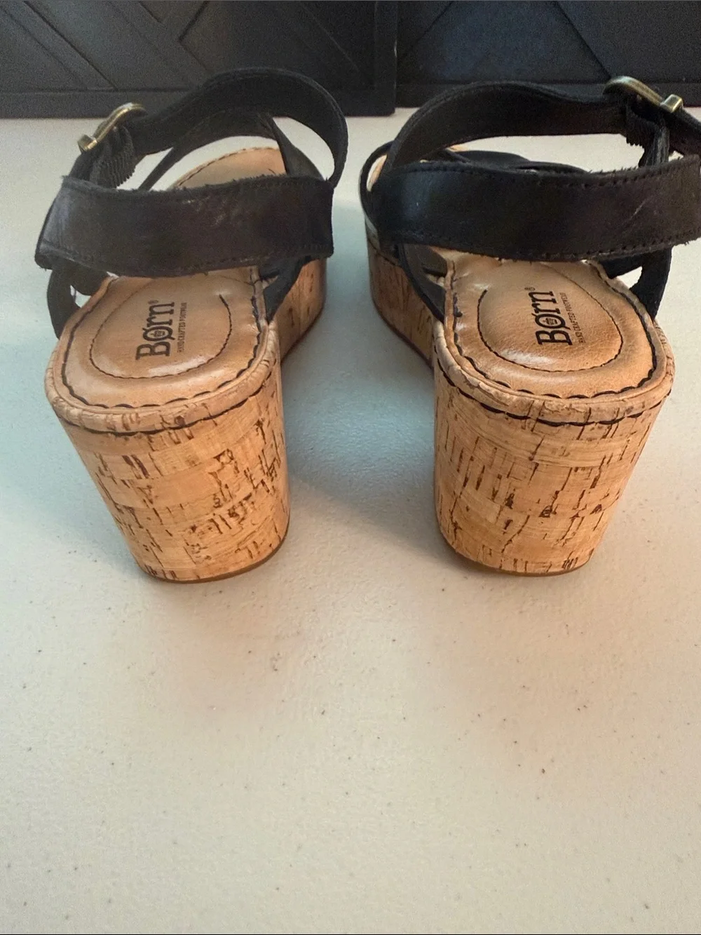 Born Black Leather Slingback Wedge cork platform Sandals size 9